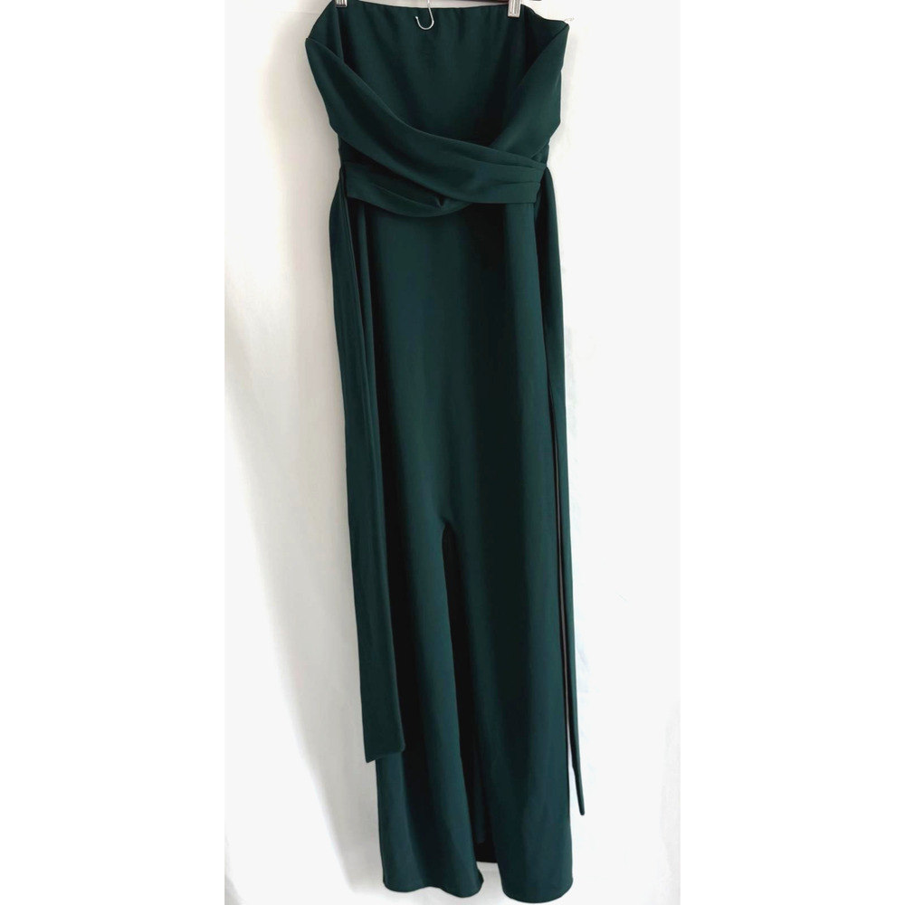 Lulus Strapless Forest Green Size L Maxi dress Front Slit Tie Back Belt Evening